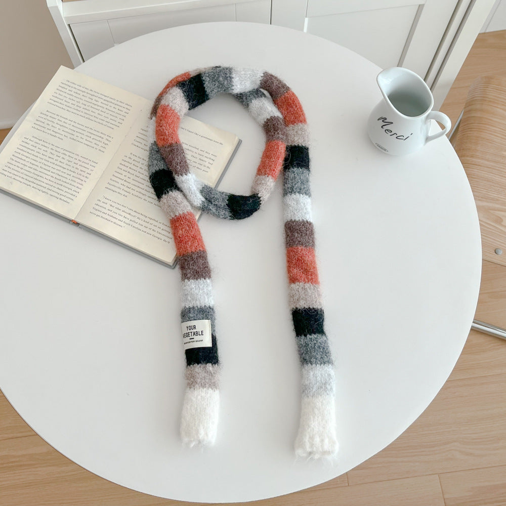 Versatile Narrow Rainbow-colored Retro Slim Long Scarf With A Chic Knitted Design