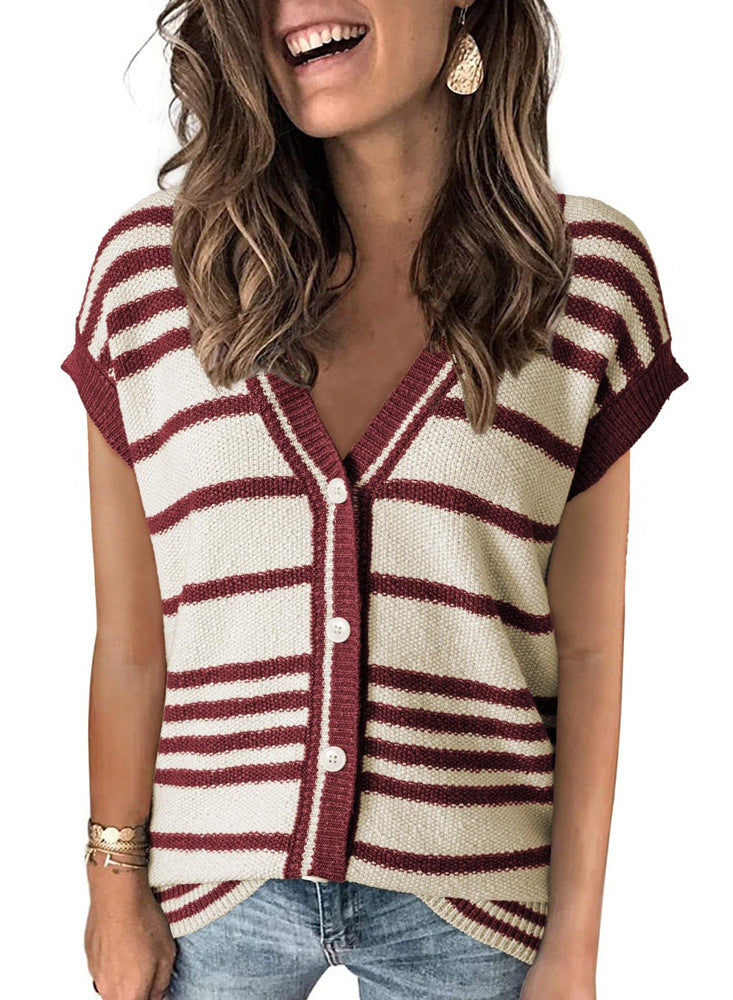 Striped Color Contrast Short Top T-shirt Women's Thin