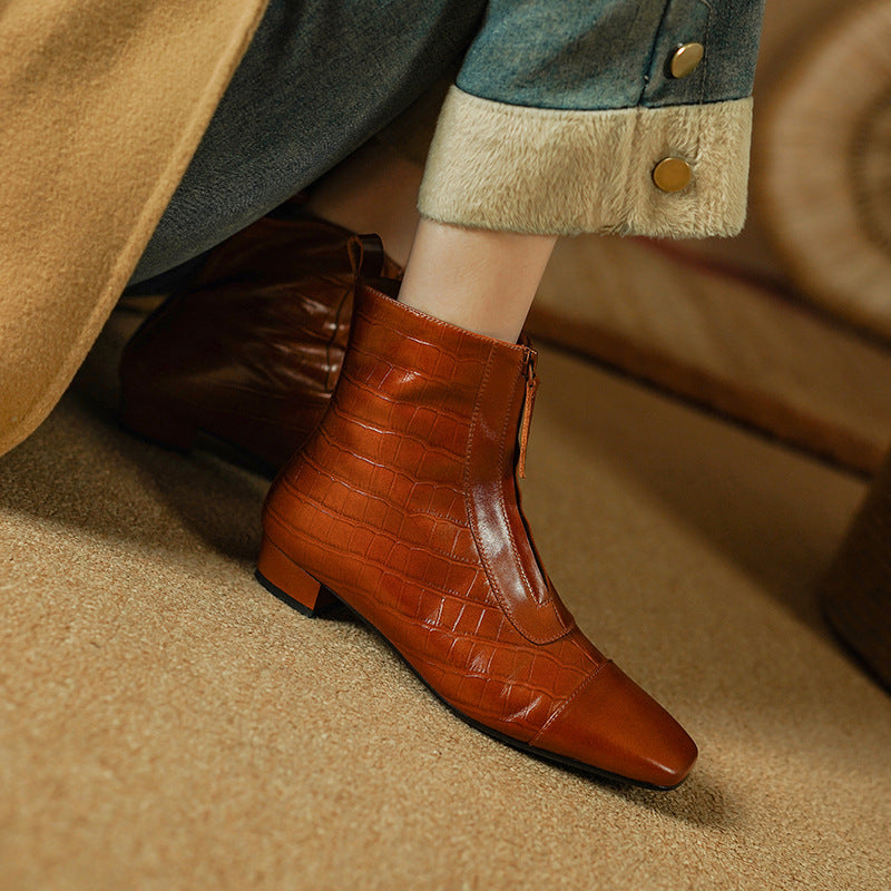 Retro Elegant Square Head Low Heel Zip Ankle Boots Women