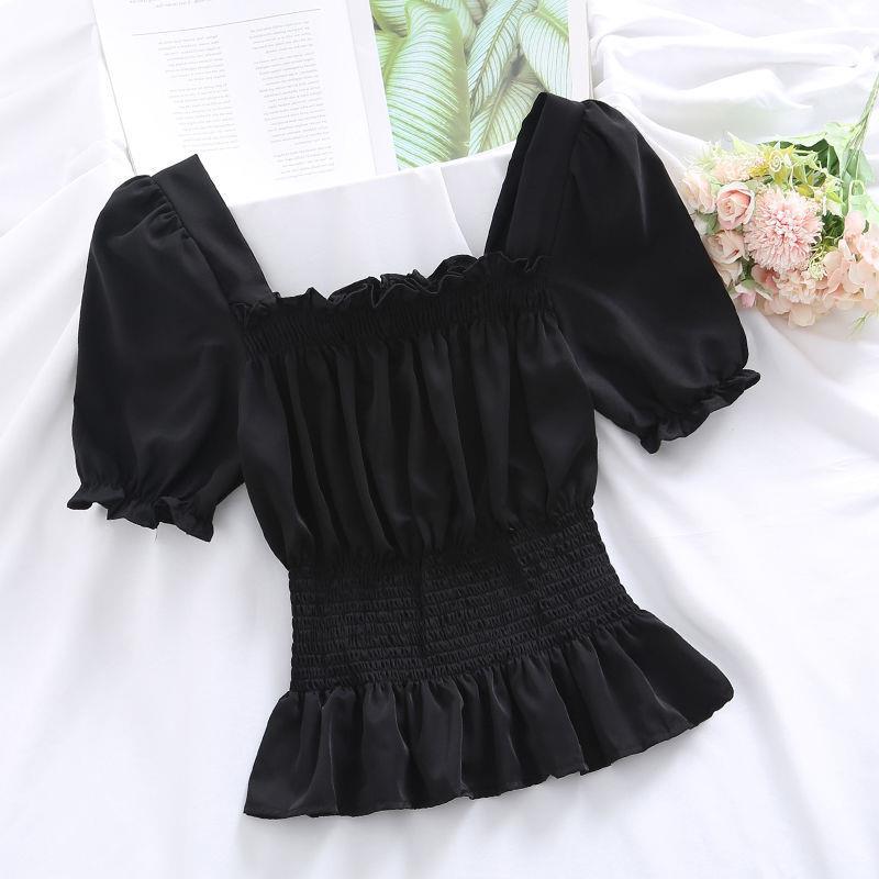 Summer New Design Sense Short Puff Sleeve Chiffon Shirt Women's Short Sleeve Square Collar Top