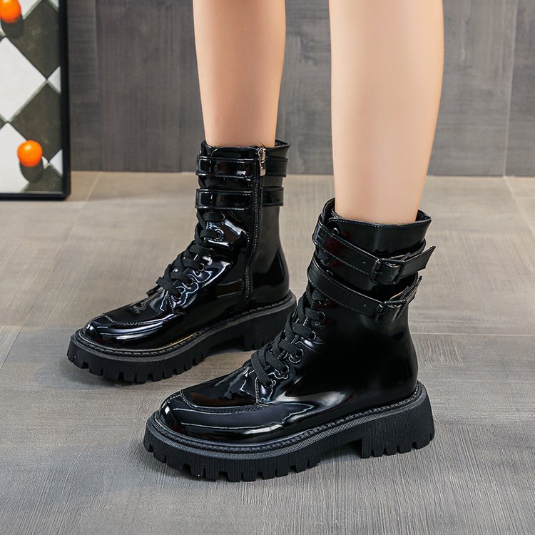 Women's Patent Leather Mid-tube Boots With Increased Heels