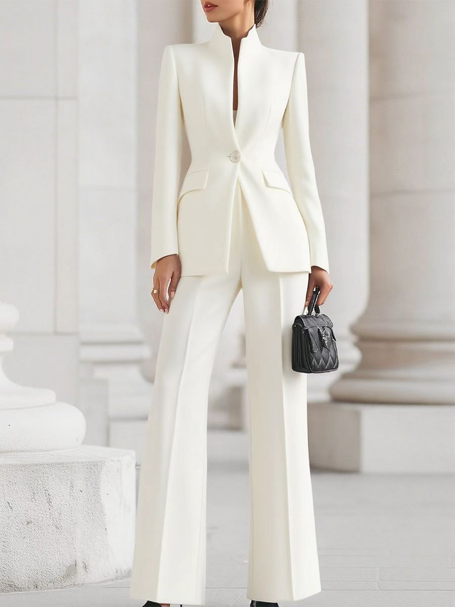 Long Sleeve Solid Color Pocket One Button Small Suit Two-piece Pants