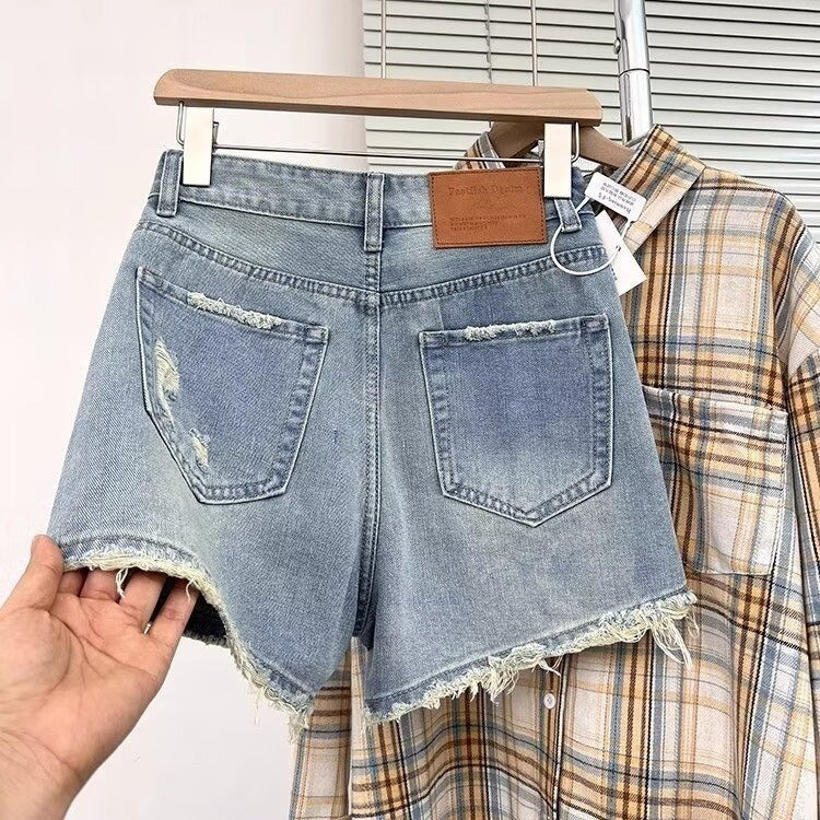 Plus-size High-waisted Ripped Denim Shorts For Women
