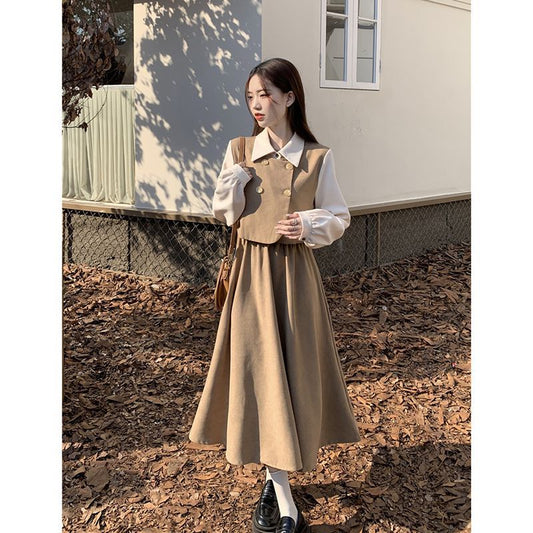 Womens Vintage French-Style Mock Two-Piece Long-Sleeve Dress