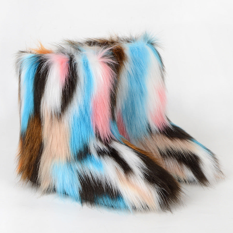 Fashion Multicolor Ladies Outdoor Faux Fur Snow Boots
