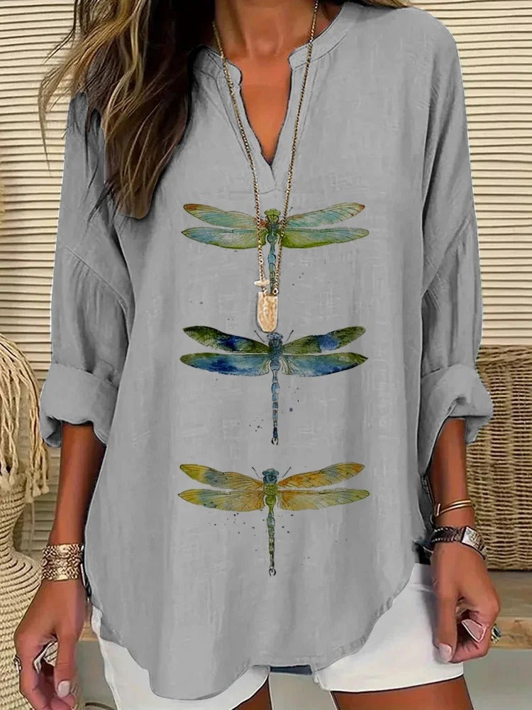 European And American Women's Clothing Small V Stand Collar Button Drop-shoulder Long-sleeve Women's T Curved Hem Clothes