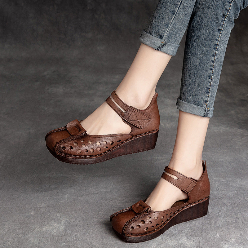 Slope Heel Comfortable Top Layer Cowhide Women's Shoes With Hollowed Out Toe Caps