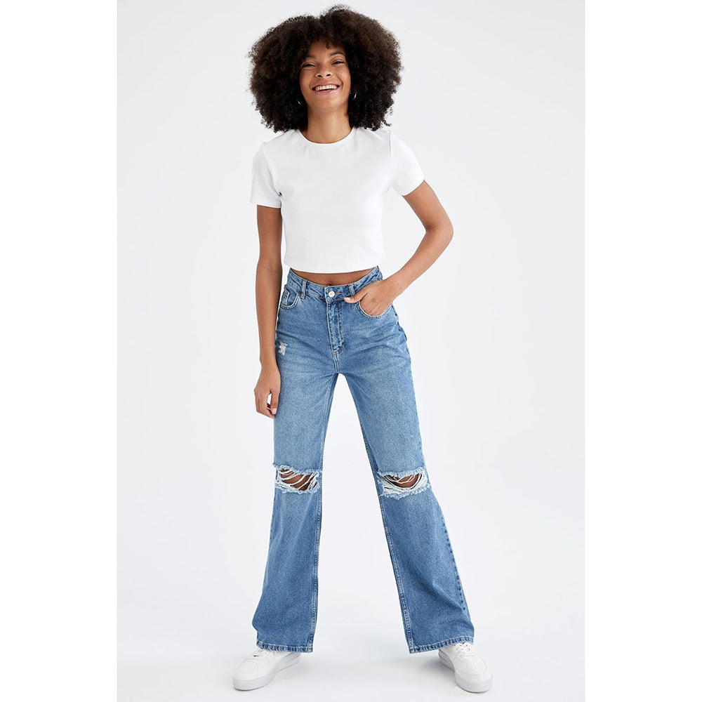 Retro Distressed Drop-waist Women's Loose Wide-leg Floor-length Pants