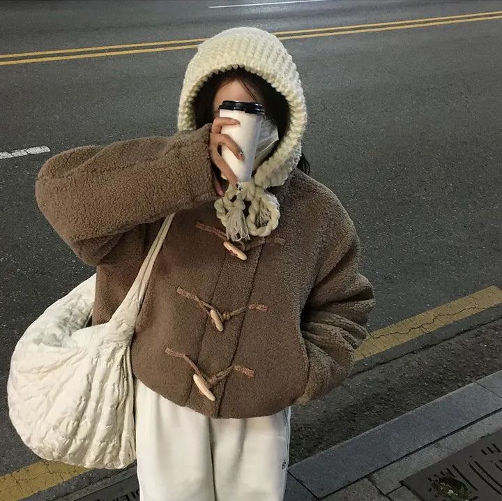 Horn Button Furry Coat Women's Winter Wear Fashion