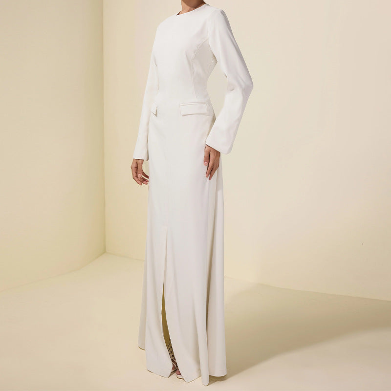 Womens Crew-Neck Long-Sleeve Slit Simple Slim-Fit Elegant Maxi Dress