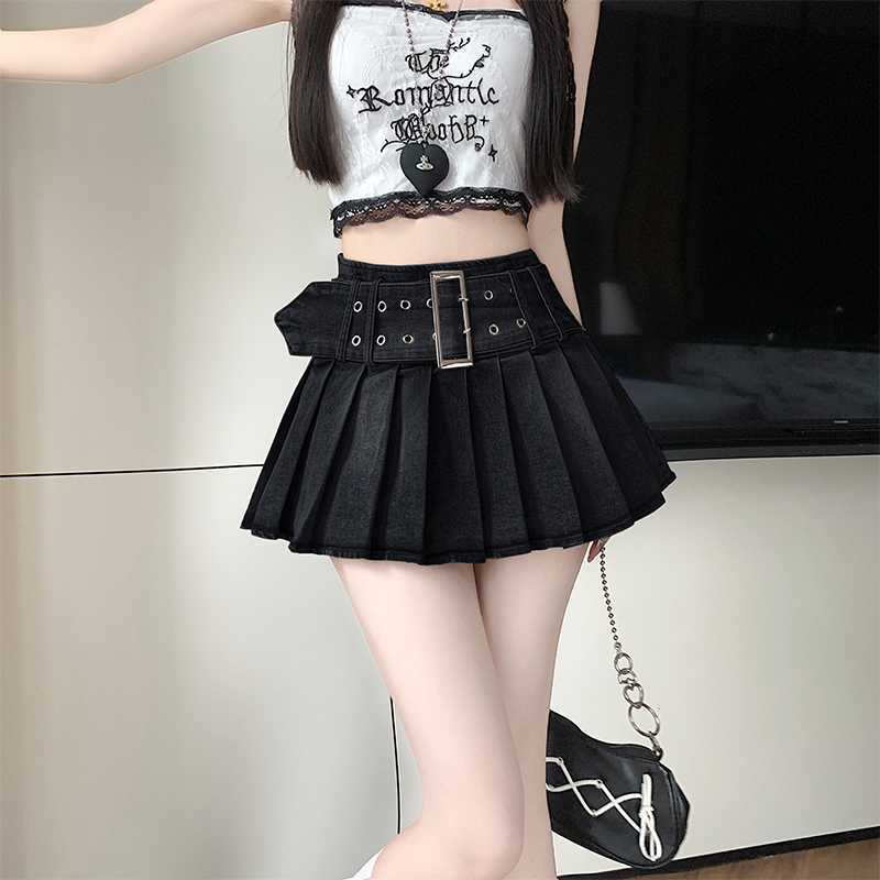High-waisted Ultra-short Denim American Retro Bad-girl Style Sexy A-line Pleated Skirt