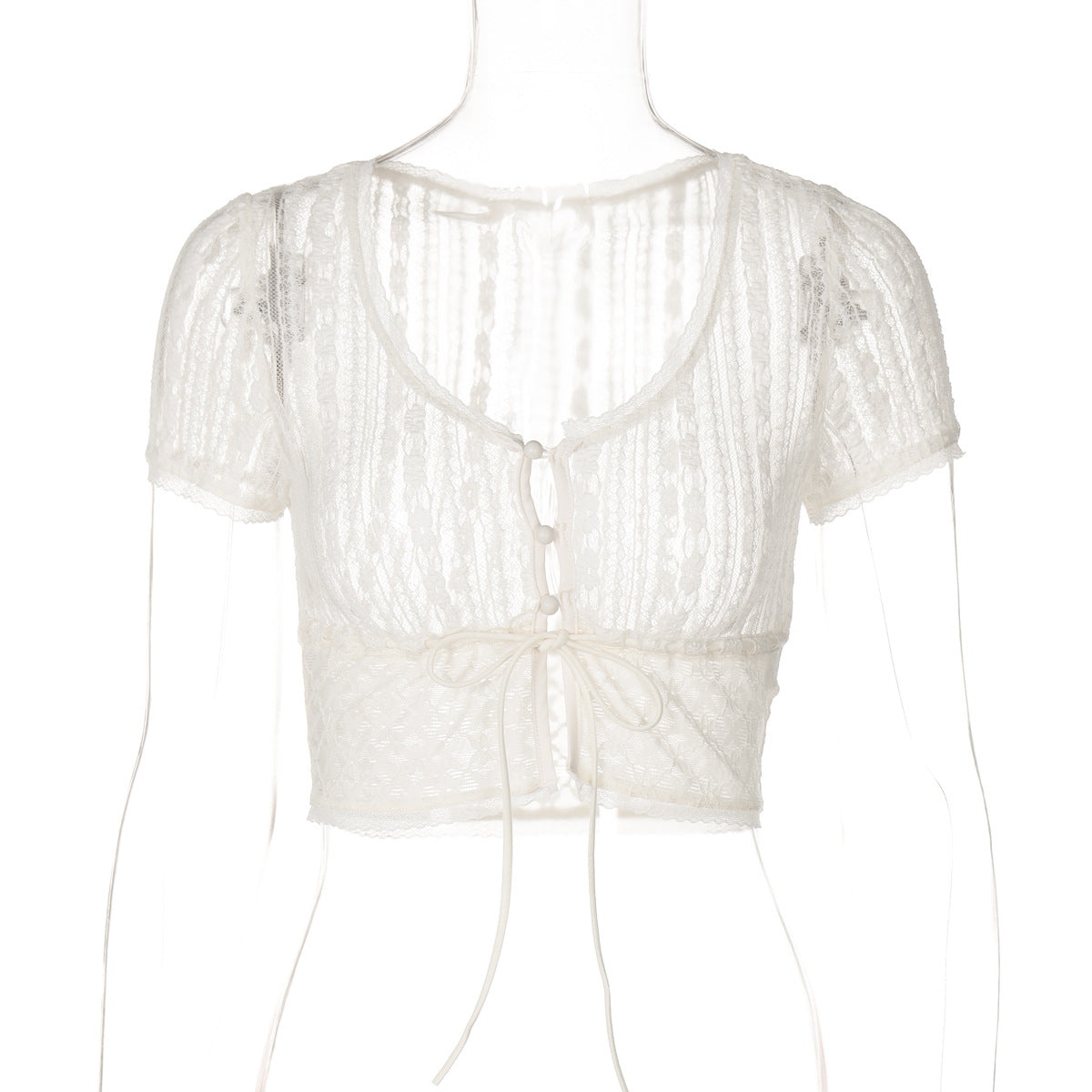Seamless Lace-Up Sheer Cardigan Slim-Fit T-Shirt For Women