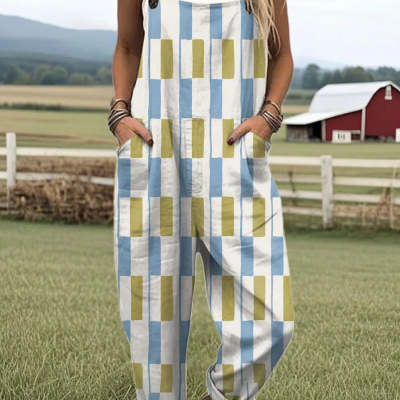 Digital Printing Button Casual Suspender Trousers