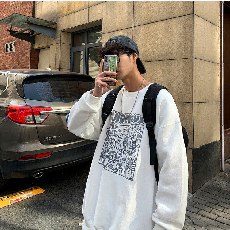 Cartoon Sweater Men's Lazy Style Hoodless Round Neck Top