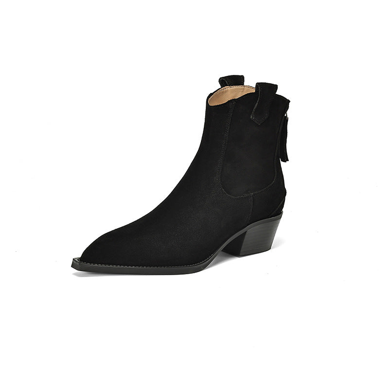 Pointed Toe Chunky Heel Back Zip Short Boots Women's