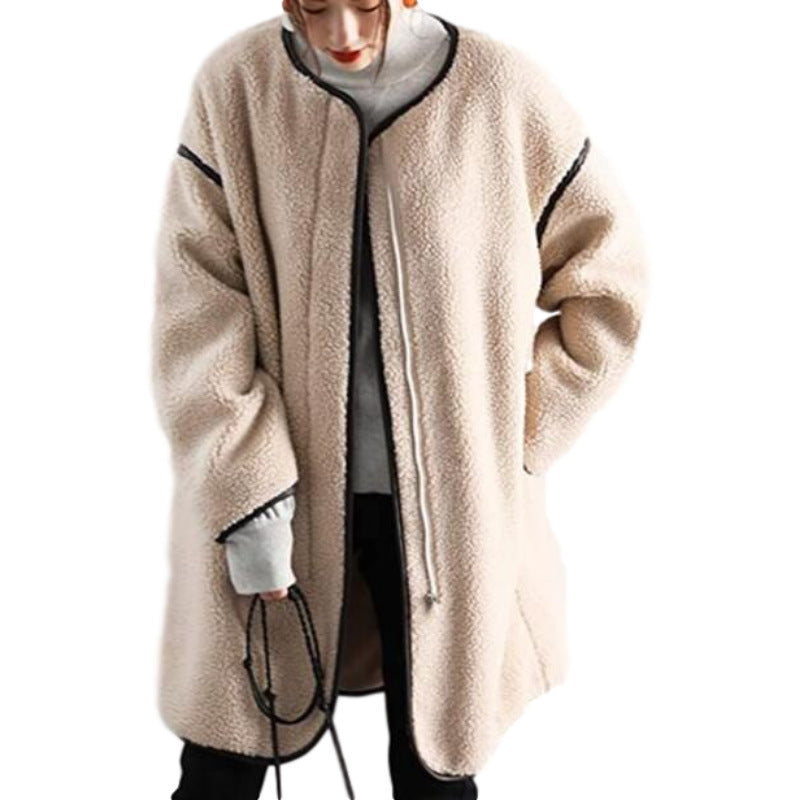 Pure Color Stitching Long-sleeved Round Neck Zipper Plush Jacket