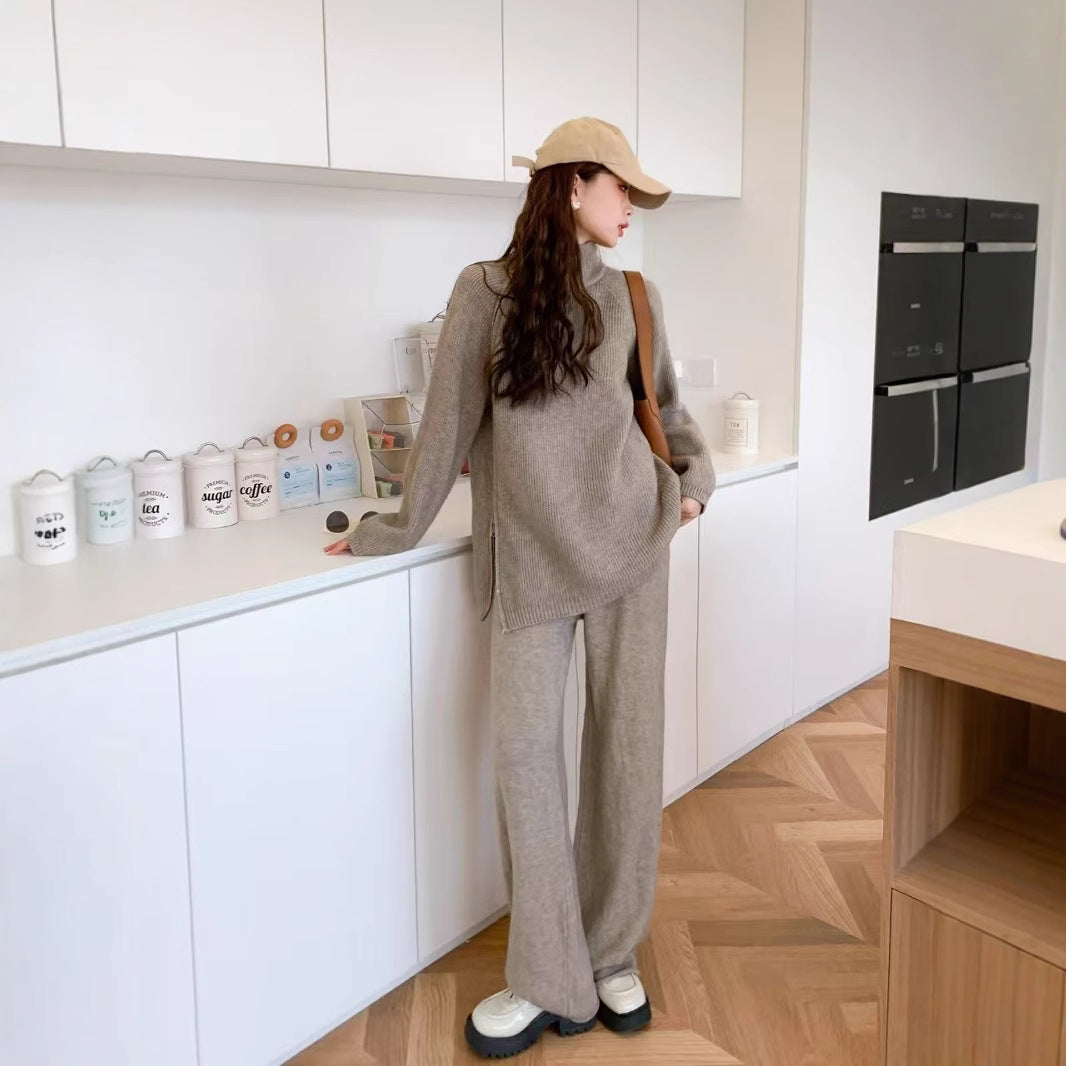 Women's Loose All-matching Pullover Knitted Wide-leg Pants Two-piece Suit