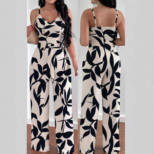 Fashion Floral Print Jumpsuit Elastic Waist Belt Jumpsuit