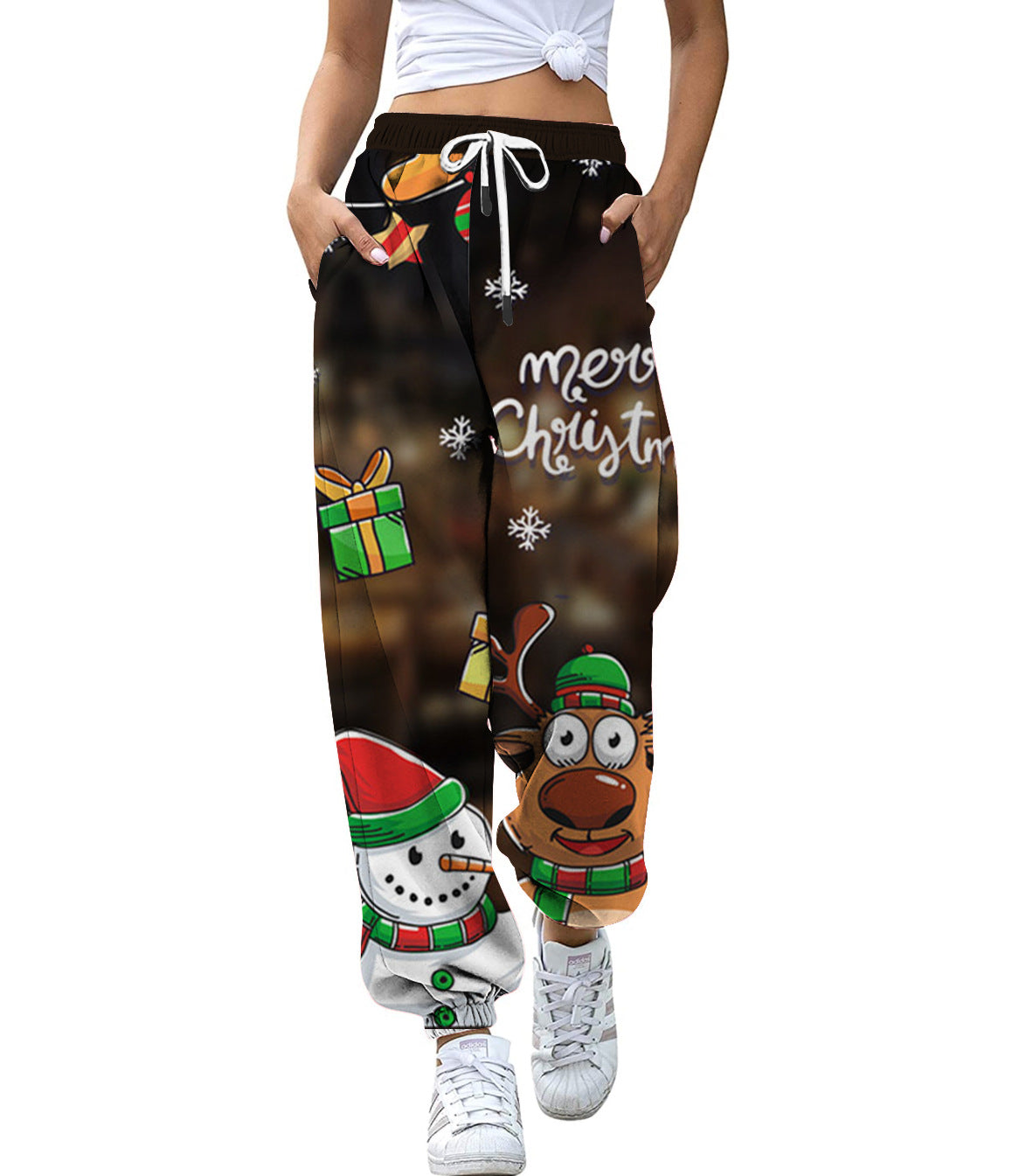 European And American Christmas High Waist Loose 3d Printed Casual Drawstring Women's Sports Casual Pants
