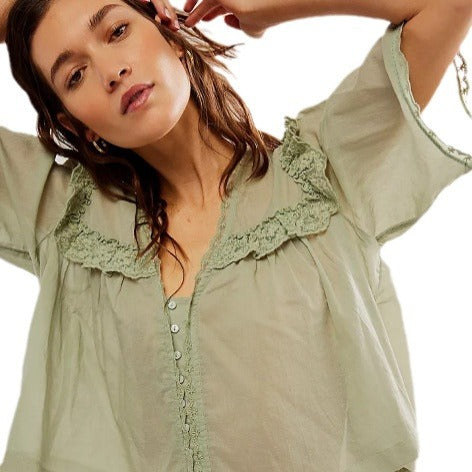 Lace-trimmed Collar Loose-fitting Fashionable Pleated Top For Women