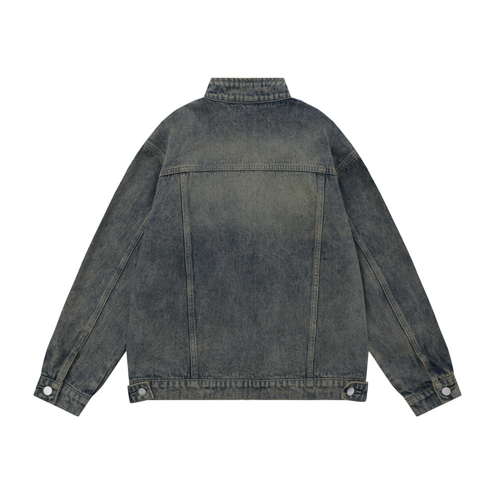 Washed And Worn Zipper Pocket Denim Jacket