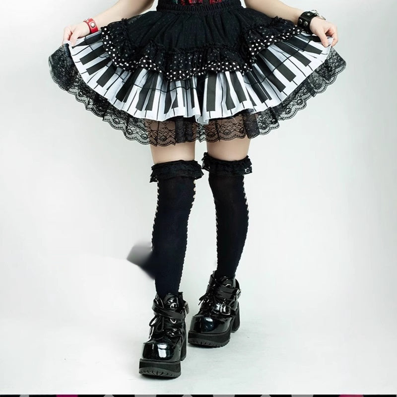 White Piano-key Polka-dot Lace Mini Skirt With Ruffled Hem A Chic, Work-appropriate Cake-style Dress