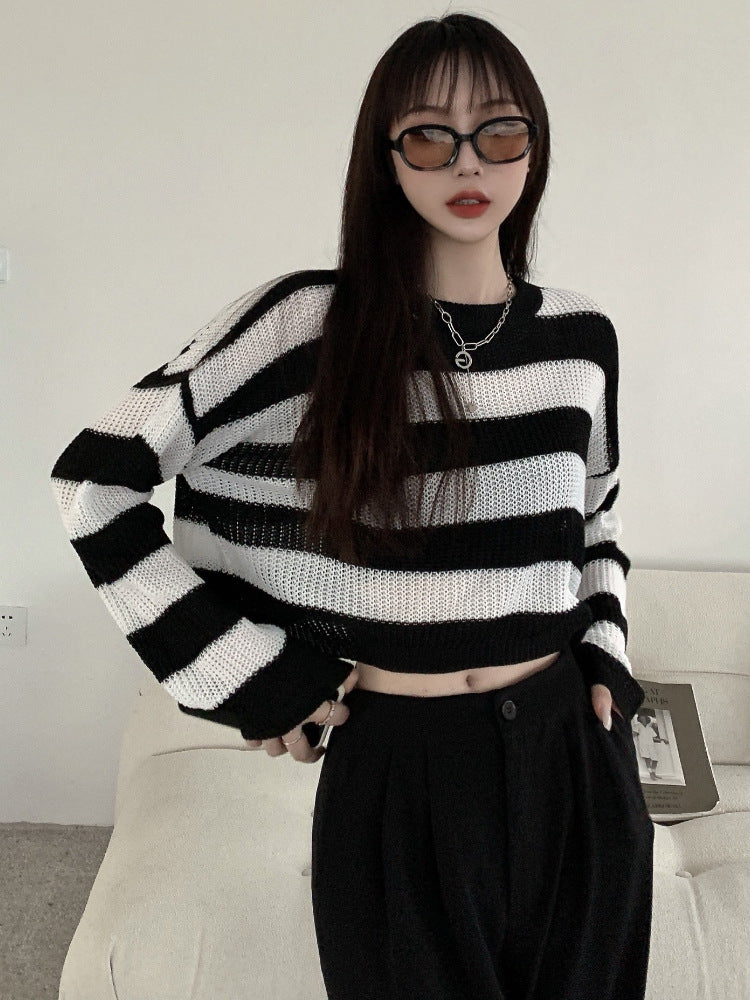 Women's Black And White Striped Sweater Autumn And Winter Sweater Long-sleeved Blouse