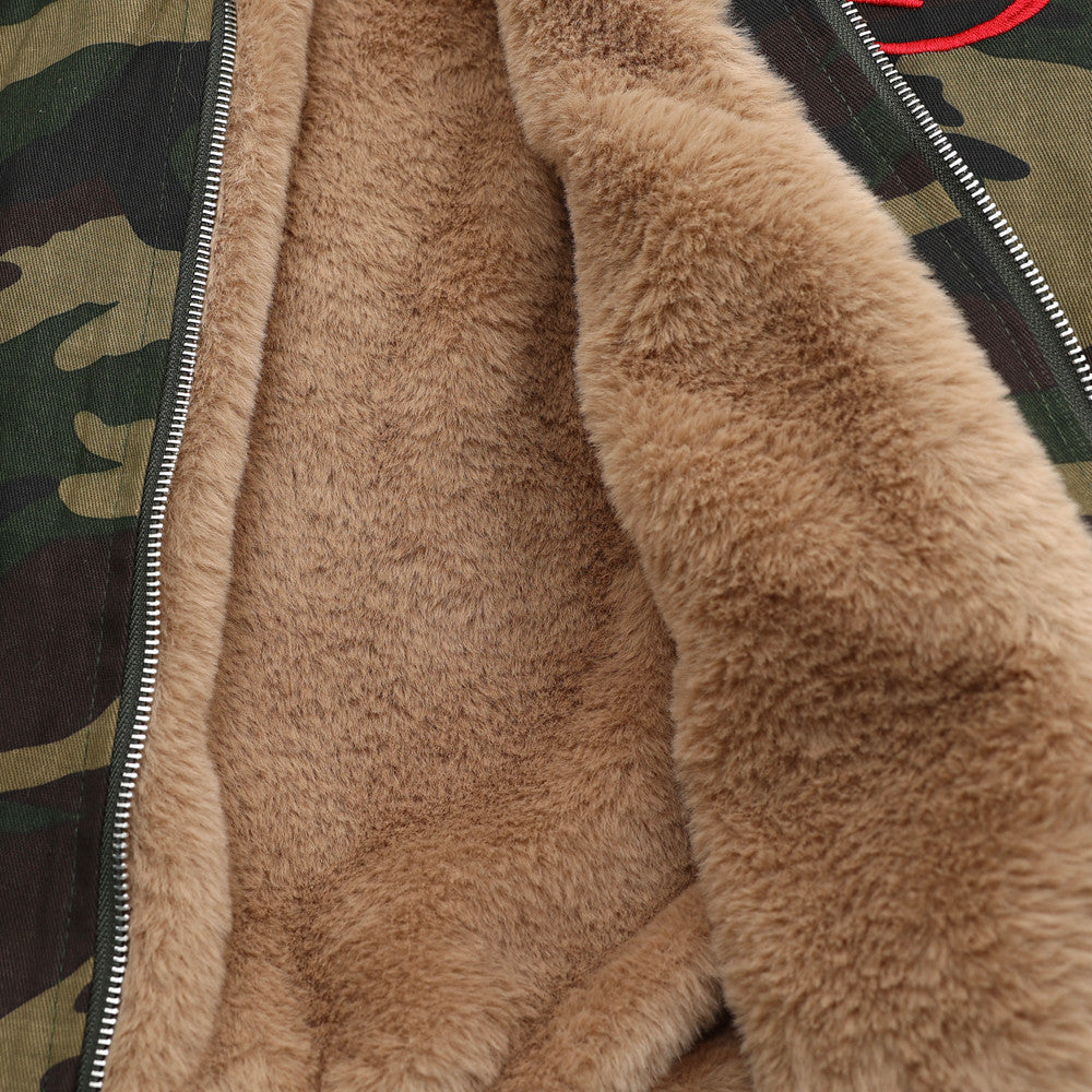 Letter Embroidered Camouflage Hooded Velvet Cotton Clothes Coat