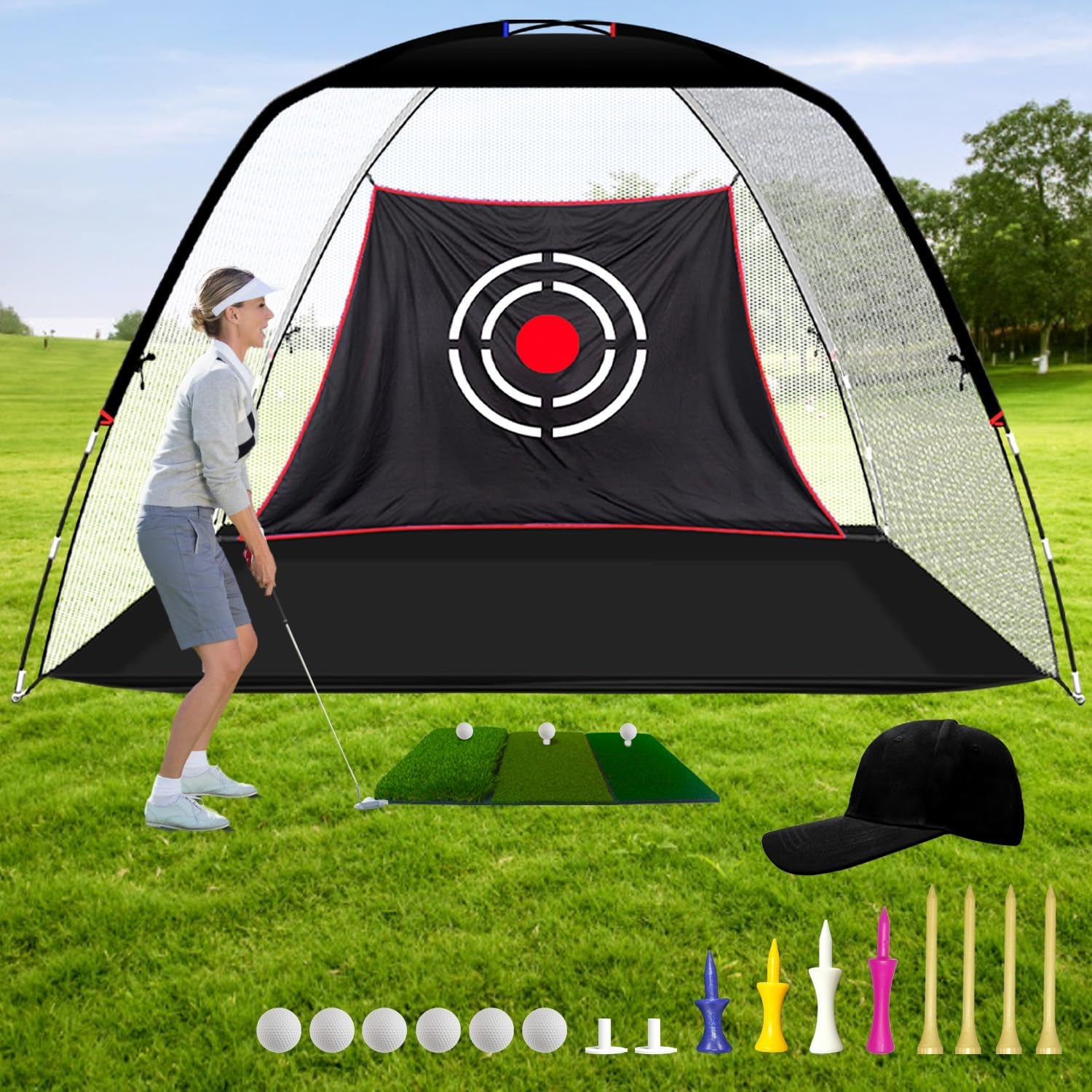 Golf Net for Backyard Practice: Hitting Net with Mat & Target – Training for Driving Chipping Swing Golf Gift for Dad Husband Men