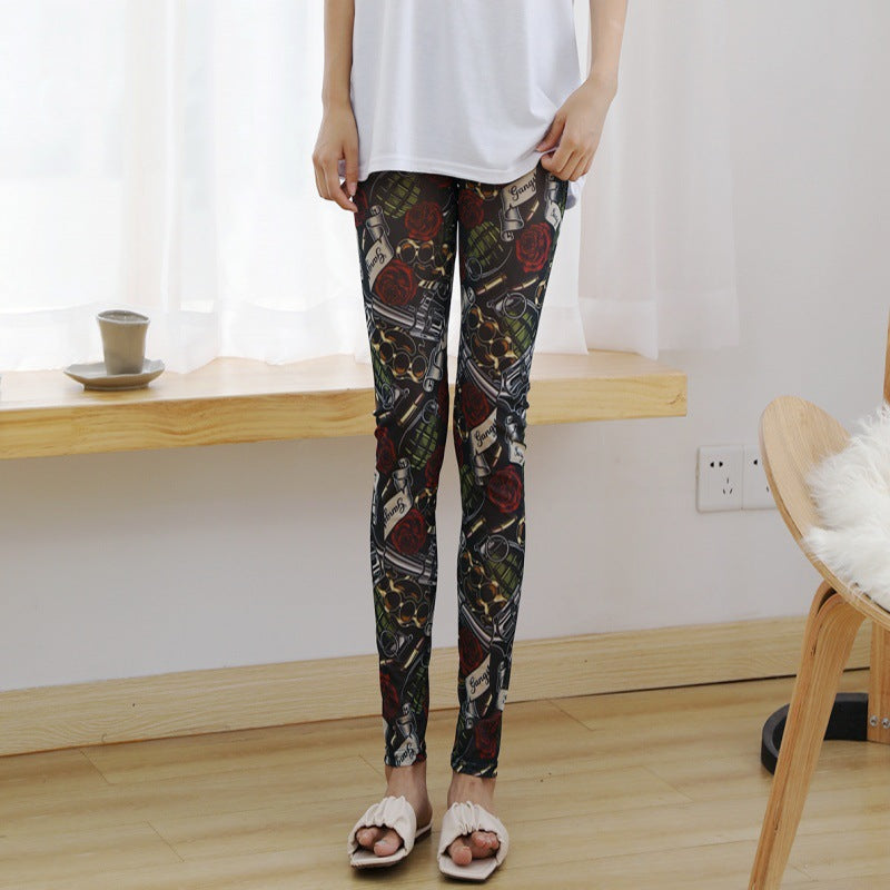 New Sexy Women's Pants Summer Mesh Leggings Elastic Ultra-thin Transparent Skinny Pants Striped Flowers