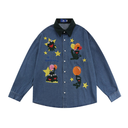 Retro Cartoon Animal Embroidery Denim Long Sleeve Shirt