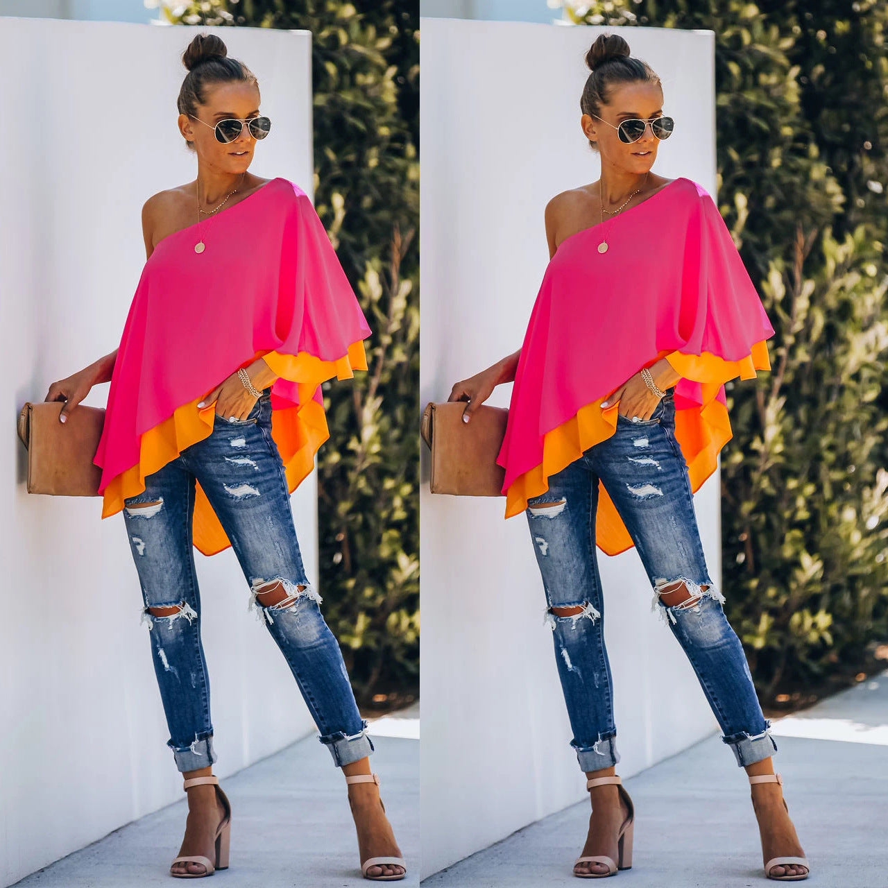 Ny Europæisk Dame Flere Lag Off-shoulder Top Personlig T-shirt