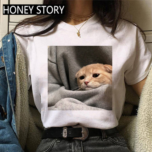 Kitten Print Round Neck Women's Loose Short Sleeve T-shirt