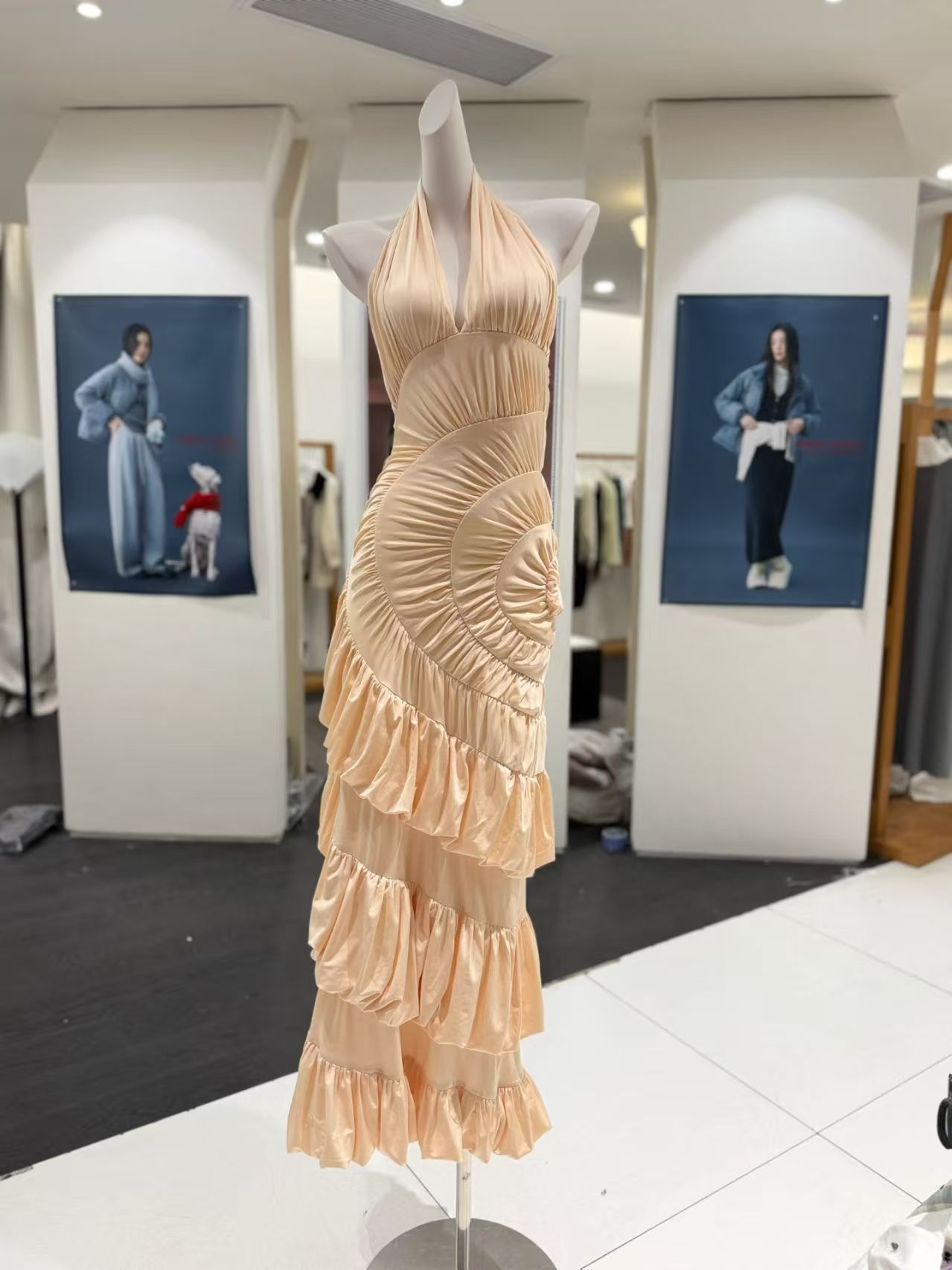 Asymmetrical Pleated Ruffle Bodycon Sheath Fishtail Long Dress
