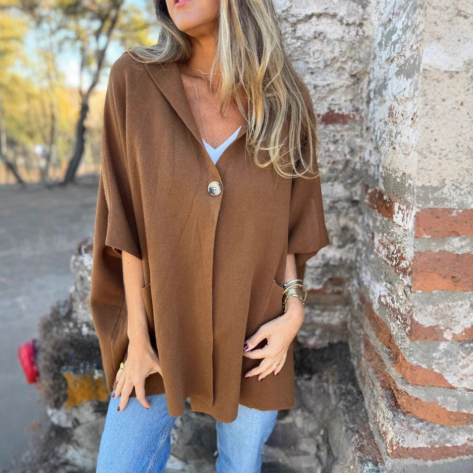 Women's Lapel Single Buckle One Piece Cape Coat