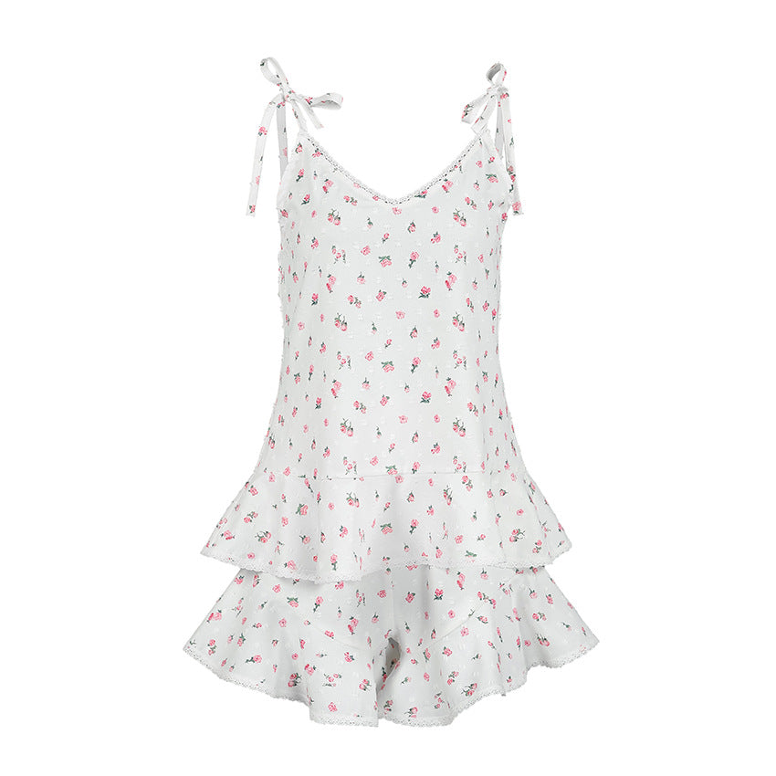 Womens Strapped Printed Shorts With Ruffle Trim Pajama Set 2 Pieces
