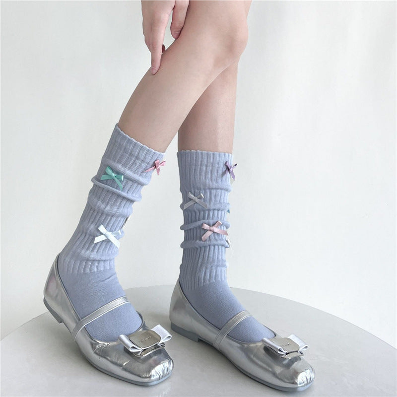 Candy-colored Bow Pile Style Calf Socks Women's Handmade Tube Socks