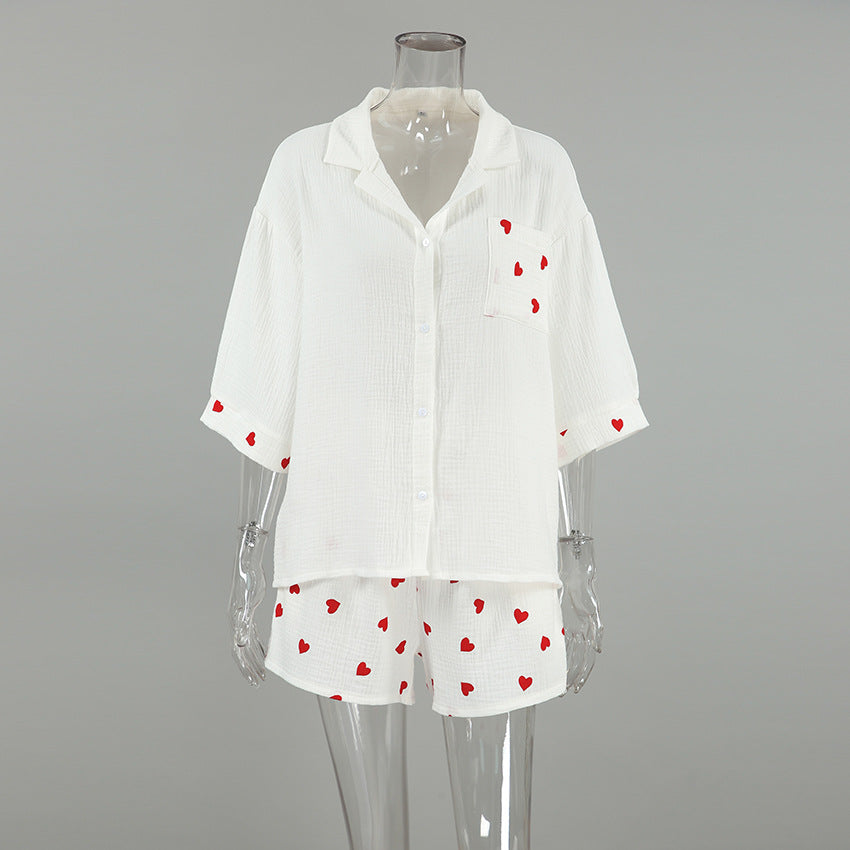 Cotton Homewear Set Heart-printed Three-quarter-sleeve Top And Shorts