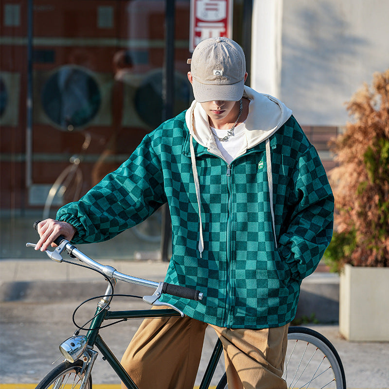 Men's Chessboard Plaid Printed Hooded Loose Casual Jacket