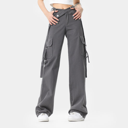 Female Decorative Ribbon Cross Waist Seal Straight Cargo Pants