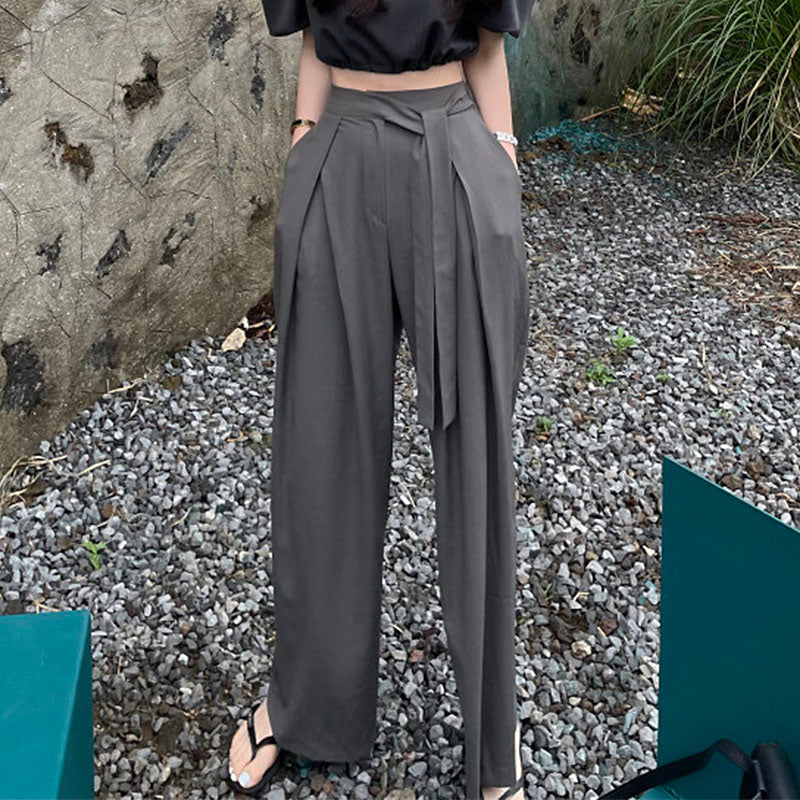 High Waist Pleated Asymmetrical Strap Design Wide Leg Draping Pants
