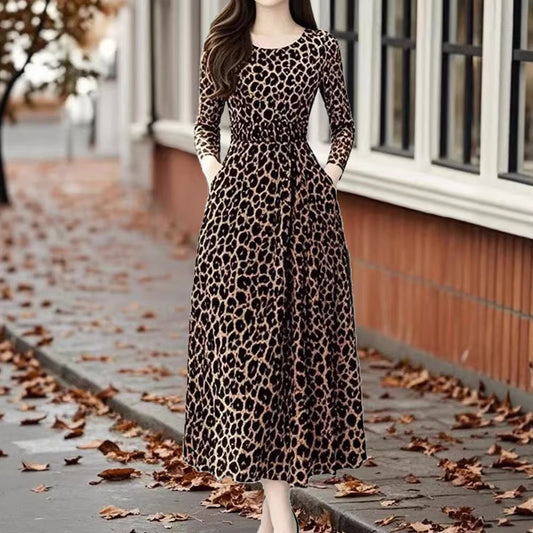 Pullover Long-sleeve Sexy Leopard-print Maxi Dress
