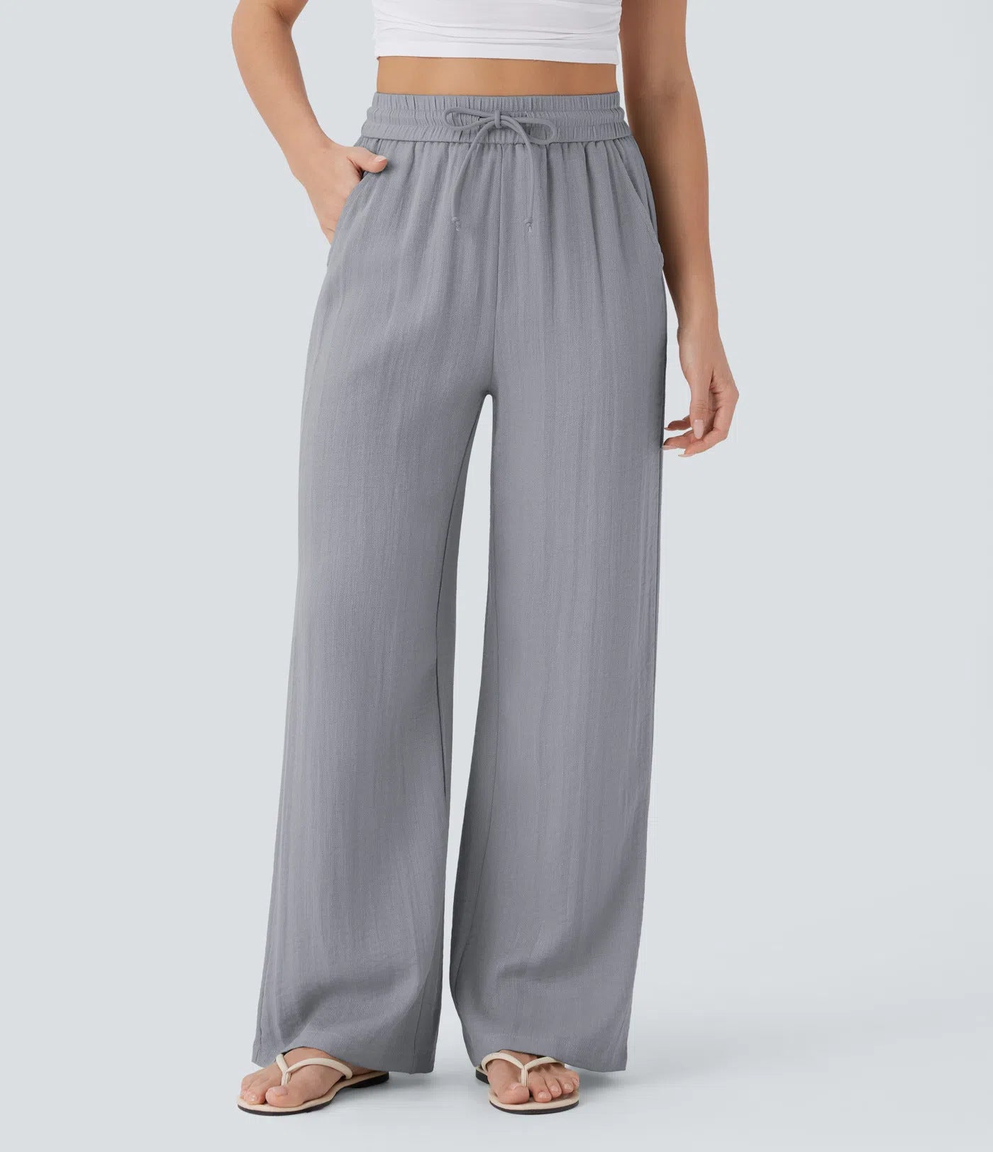 Women's Solid Color Casual Wide Leg Loose Drawstring Trousers