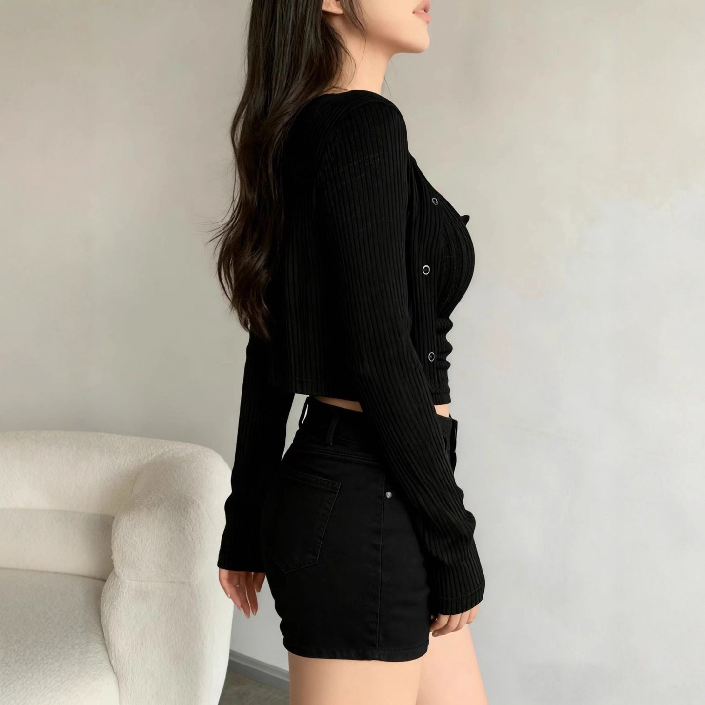 Figursyet tynd langærmet cardigan og camisole todelt sæt