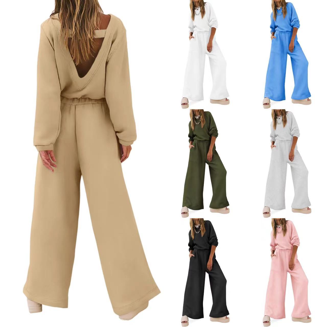Europæisk Og Amerikansk Mode Sport Og Fritid Langærmet Ensfarvet Rygløs Sweater Jumpsuit Sæt Til Kvinder