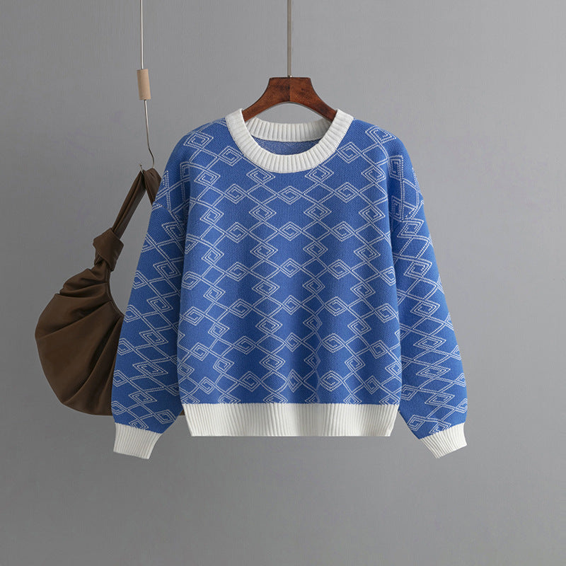 Jacquard Long-sleeved Sweater Loose Round Neck Western Style