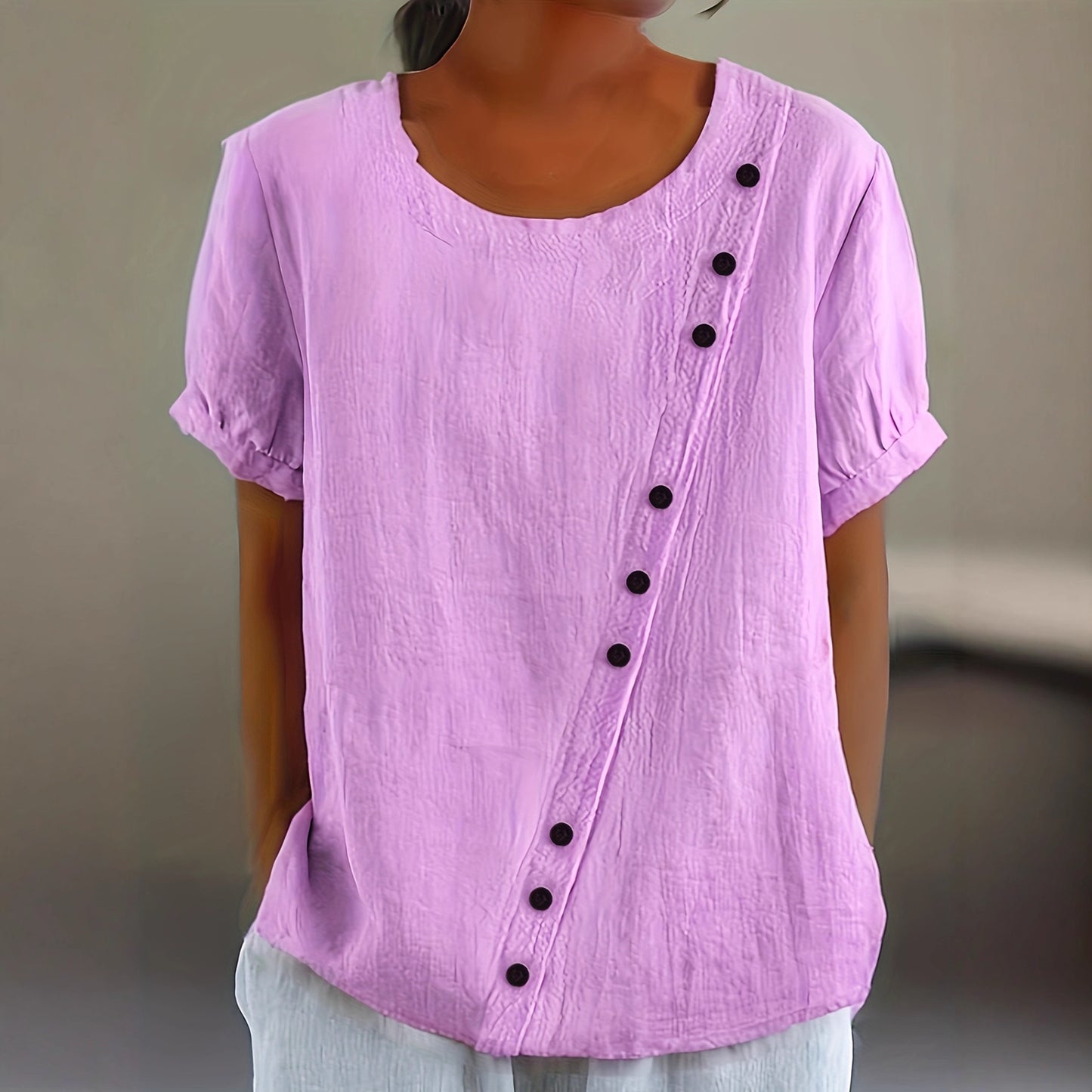 Womens Retro Cotton-Linen Short-Sleeve Shirt
