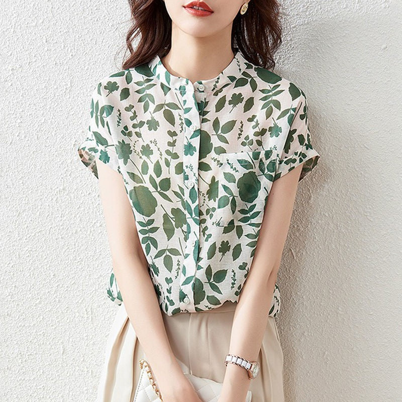Chiffonbluse, kortærmet blomstret top til kvinder, moderigtig, stilfuld fransk printet bluse, tynd