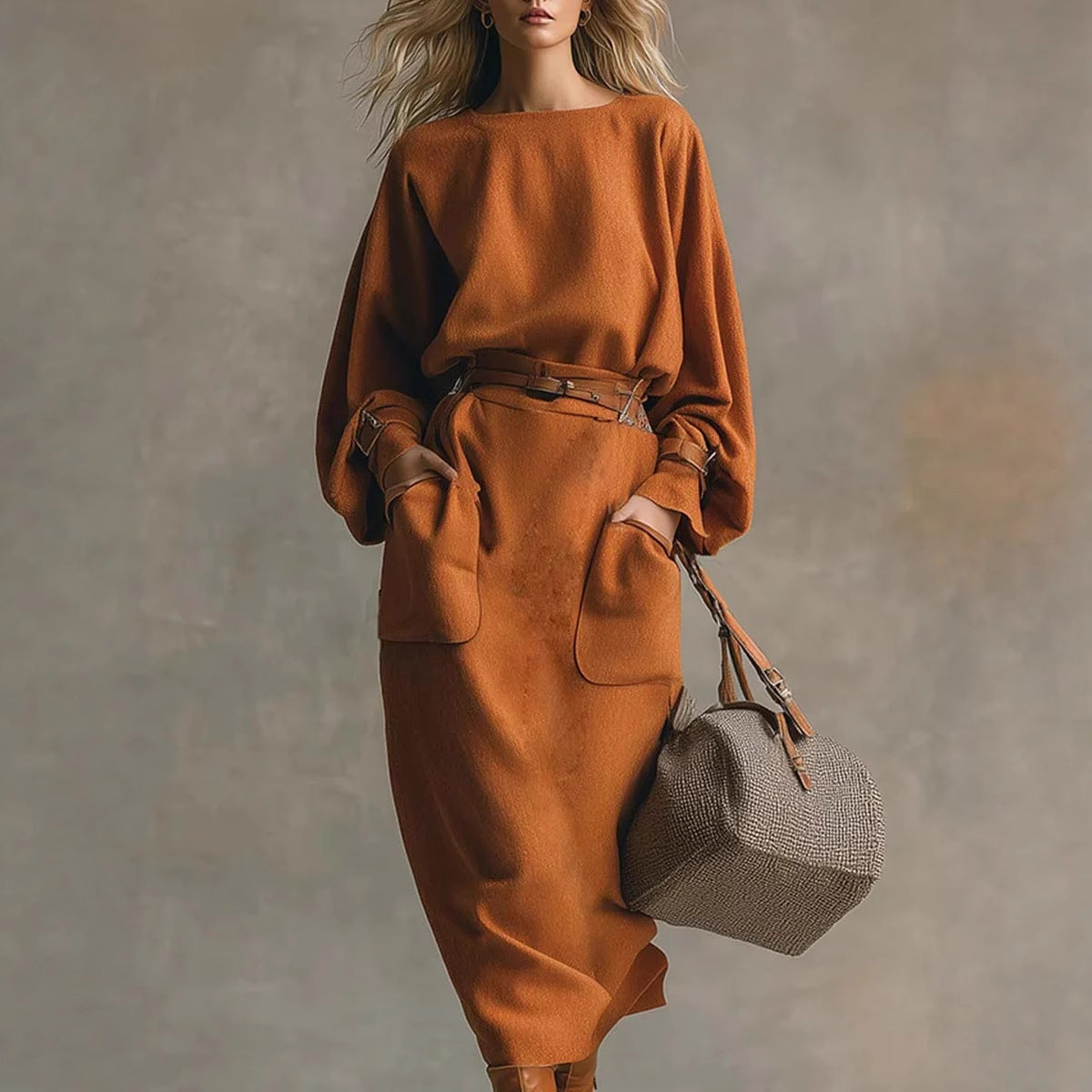 Crew-neck Long-sleeve Top Pocketed Skirt