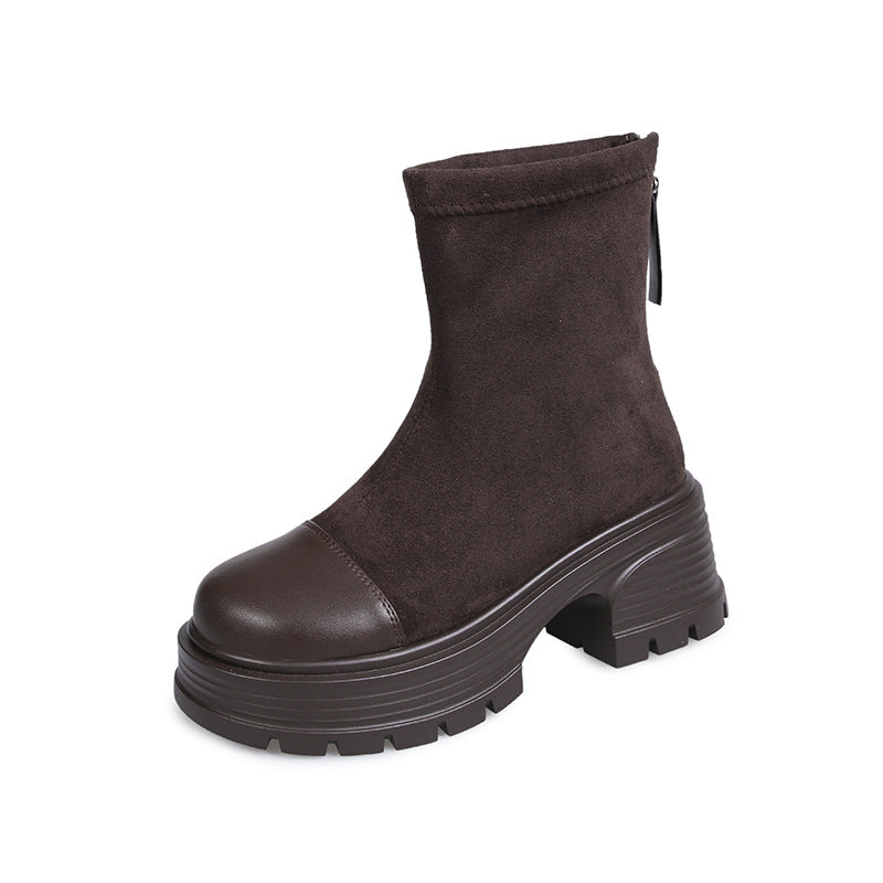 Retro Chunky Heel Versatile High-rise Suede Smoke Tube Boots
